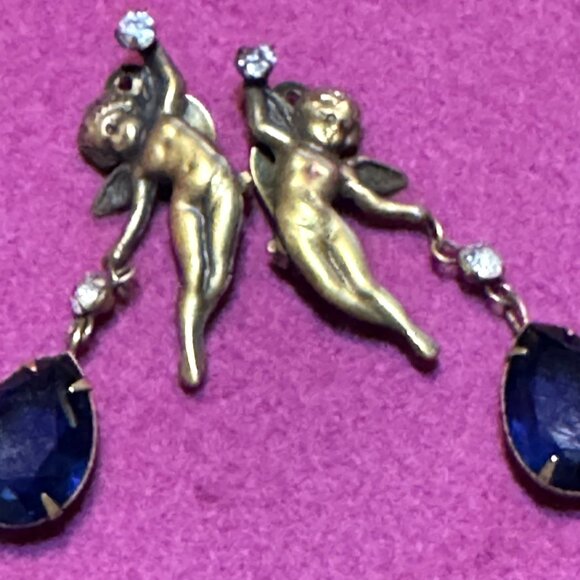 Vintage Joseff Of Hollywood Cherub Earrings With Cobalt Blue Austrian Crystals &